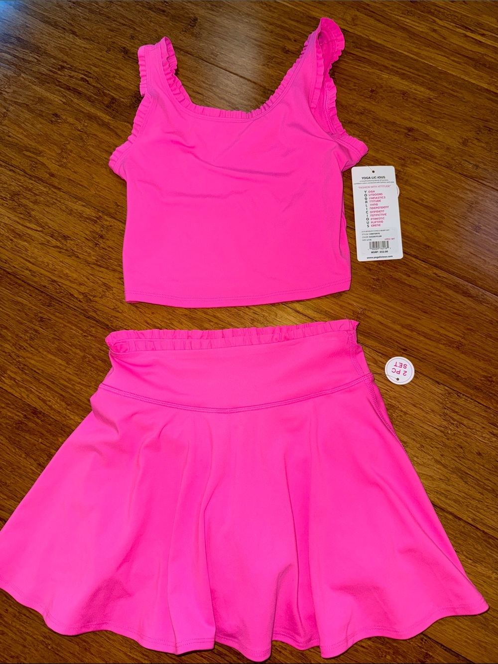 Yogalicious girls neon pink tank and skort with ruffle detail large (12) NWT